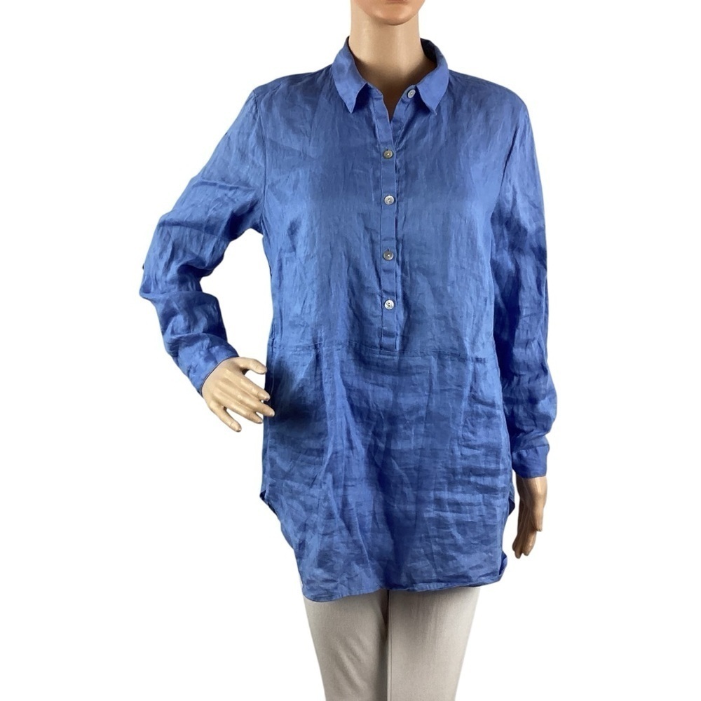 J. Jill Love Linen Tunic Top Size SP Blue Long Sleeve Pullover